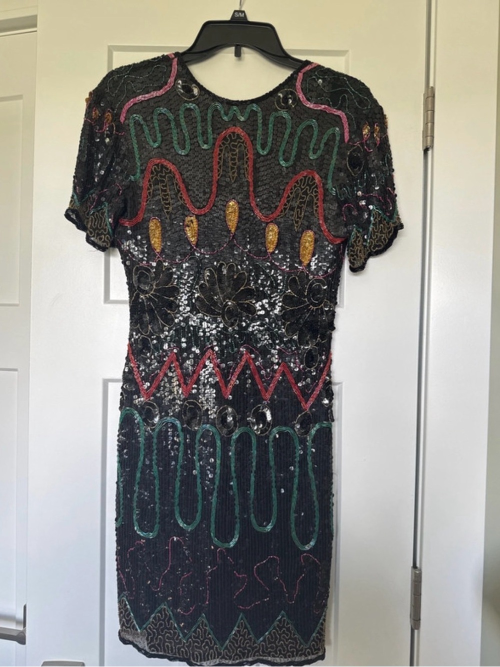 Black Sequin Backless Short Dress with Multicolor Embroidery